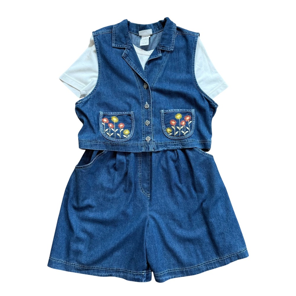 Vintage Nina Piccalino Denim Romper Vest Set Floral Embroidered Blue Size 12 USA